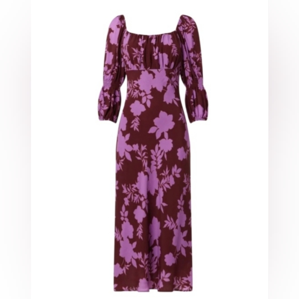 Peter Som Dress, Size 2,‎ Midi, Square Neckline, Puff Sleeves, Plum Floral Print